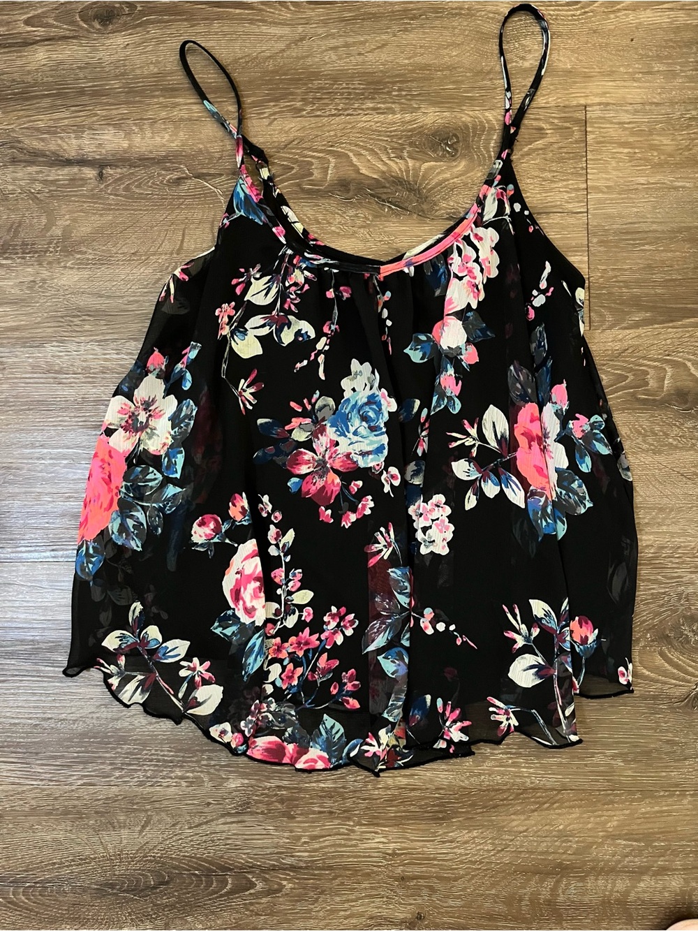 Vintage Express Black Floral Spaghetti Strap Babydoll Cami